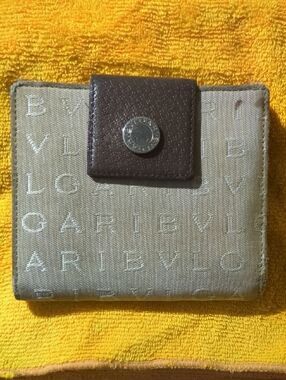 BVLGARI Beige Canvas & Brown Two Fold Leather Snap Wallet $125